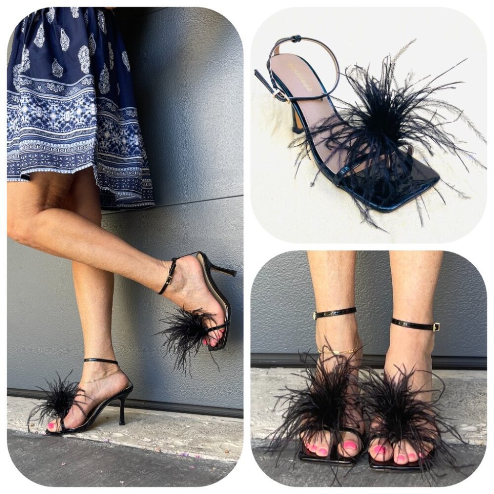 NWT Lemonade Swan Feather Square Toe ancle strap Black Dress heels/Sandals 6